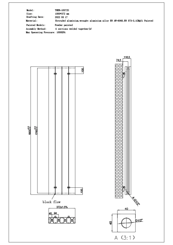 Thetford - Black Vertical Radiator Double Panel H1800mm x W372mm Smooth - Image 3