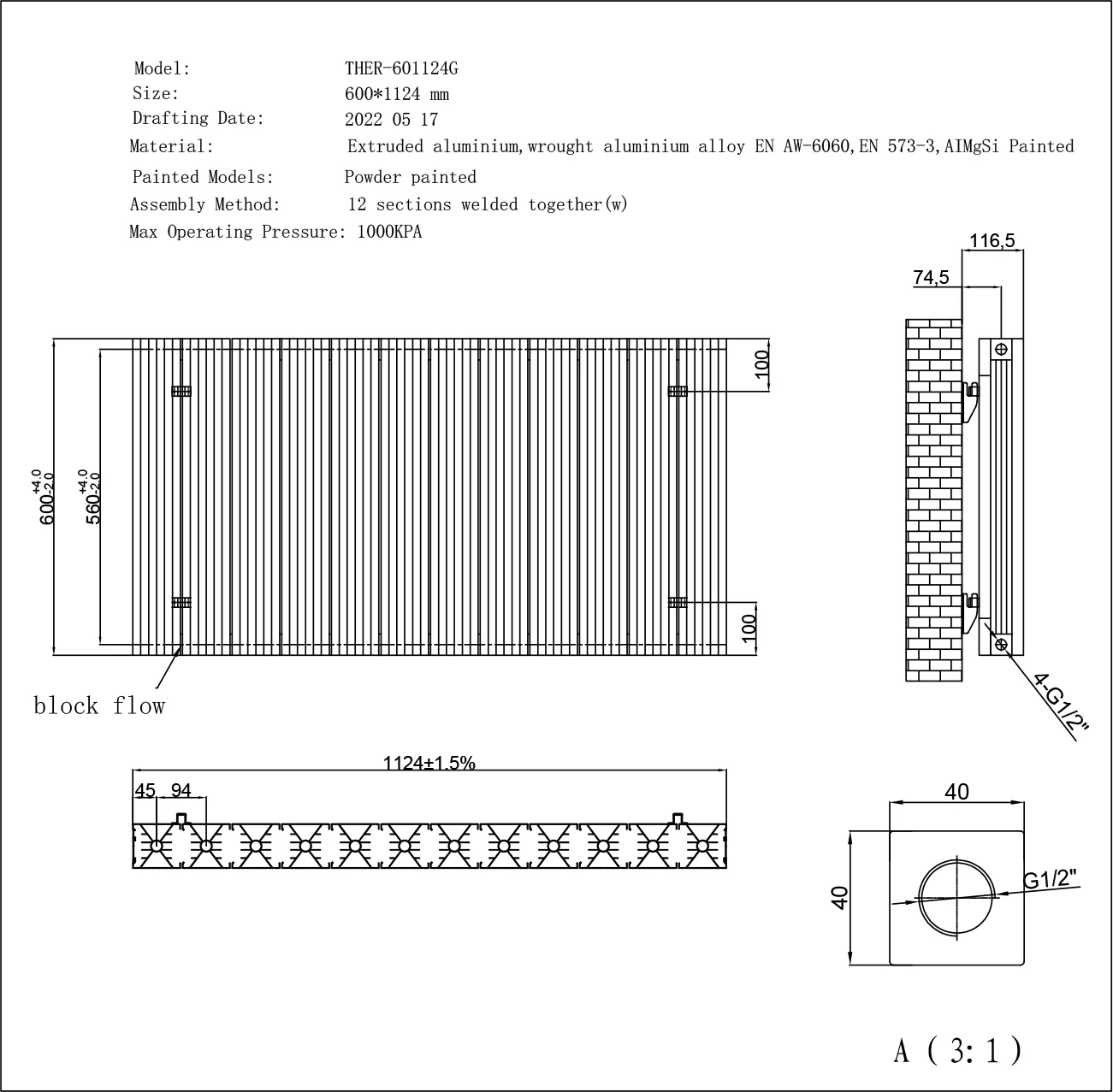 Thetford - White Horizontal Radiator Double Panel H600mm x W1124mm Grooved - Image 3