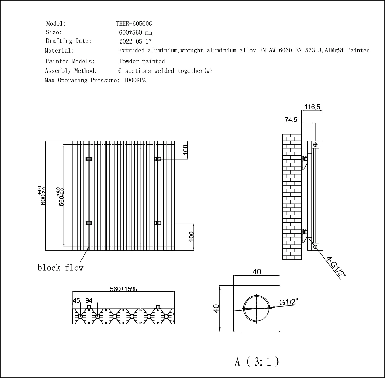 Thetford - White Horizontal Radiator Double Panel H600mm x W560mm Grooved - Image 3