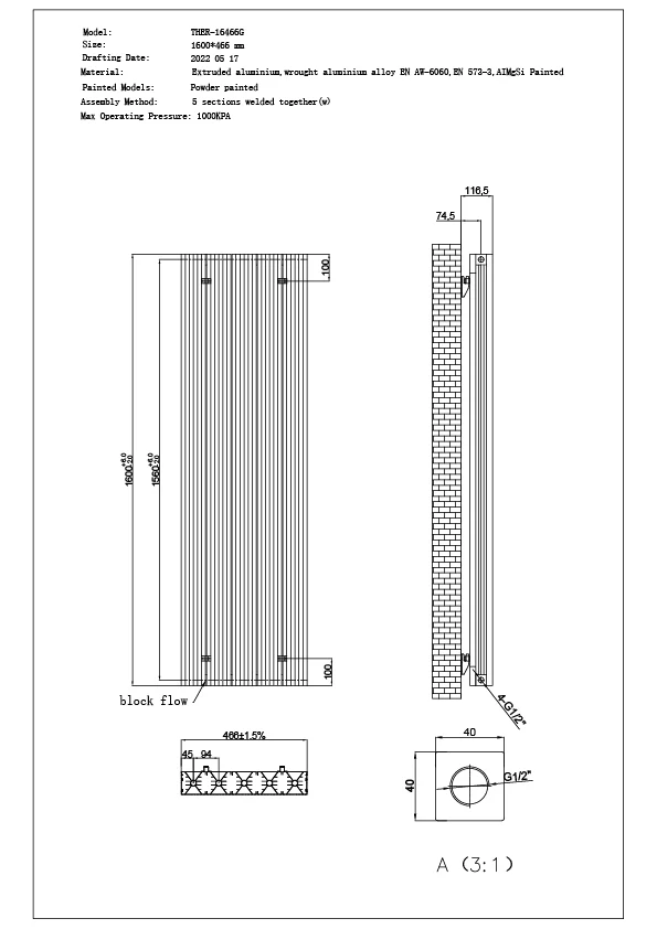 Thetford - White Vertical Radiator Double Panel H1600mm x W466mm Grooved - Image 3