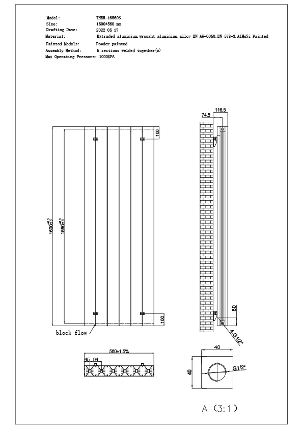 Thetford - White Vertical Radiator Double Panel H1600mm x W560mm Smooth - Image 3