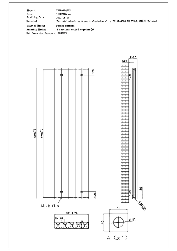 Thetford - White Vertical Radiator Double Panel H1800mm x W466mm Smooth - Image 3