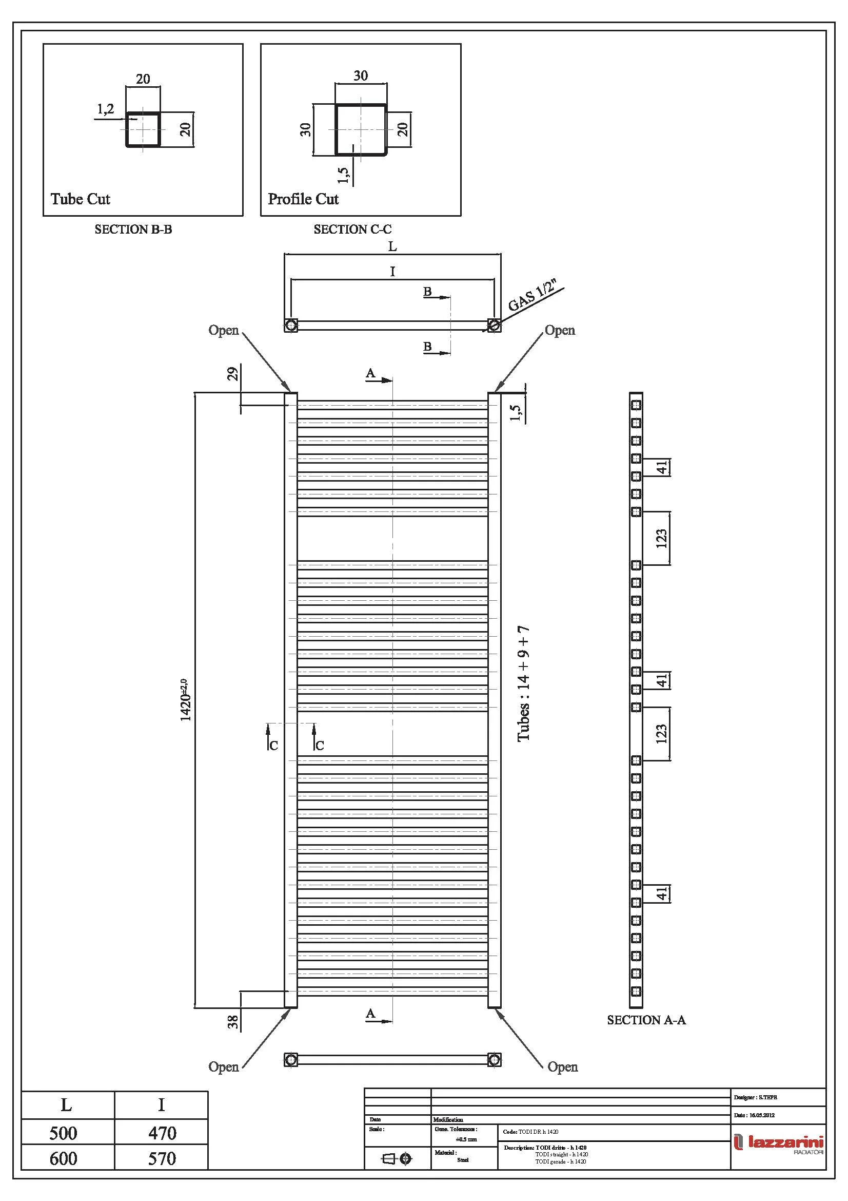 Todi - Anthracite Dual Fuel Towel Rail H1420mm x W500mm Standard - Straight - Image 4