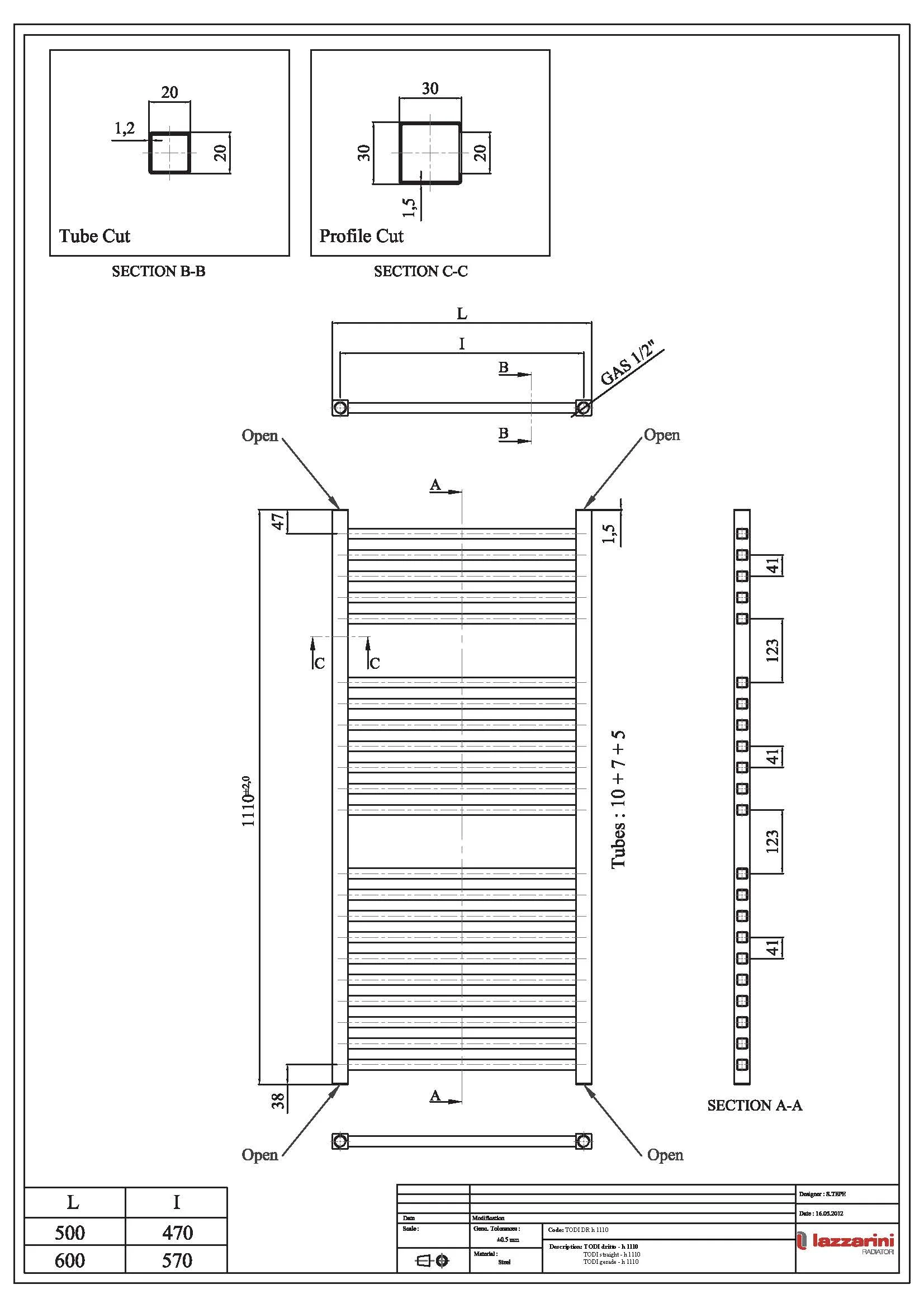 Todi - Chrome Dual Fuel Towel Rail H1110mm x W500mm Standard - Straight - Image 4