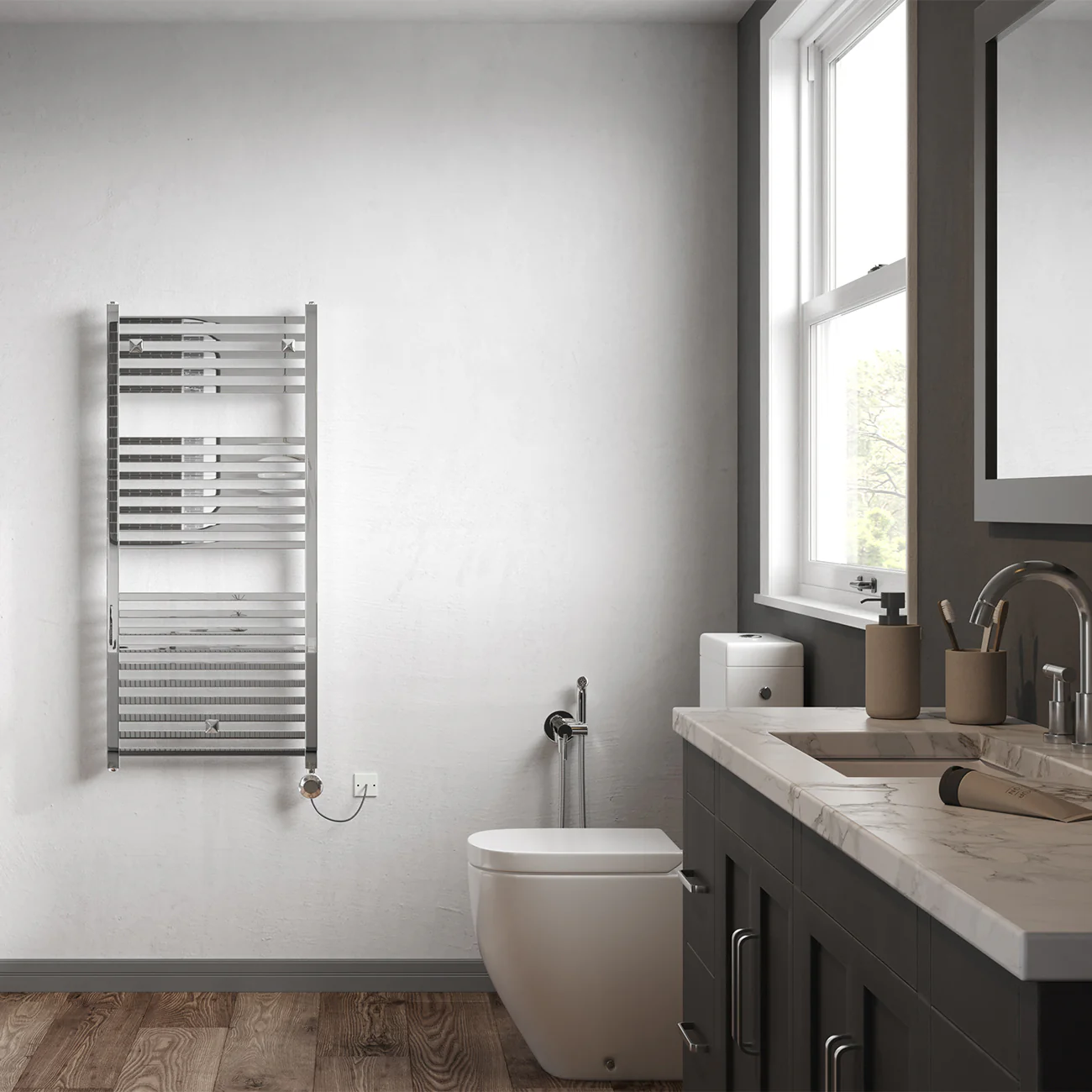 Todi - Chrome Electric Towel Rail H1110mm x W500mm Straight 300w Thermostatic - Image 2