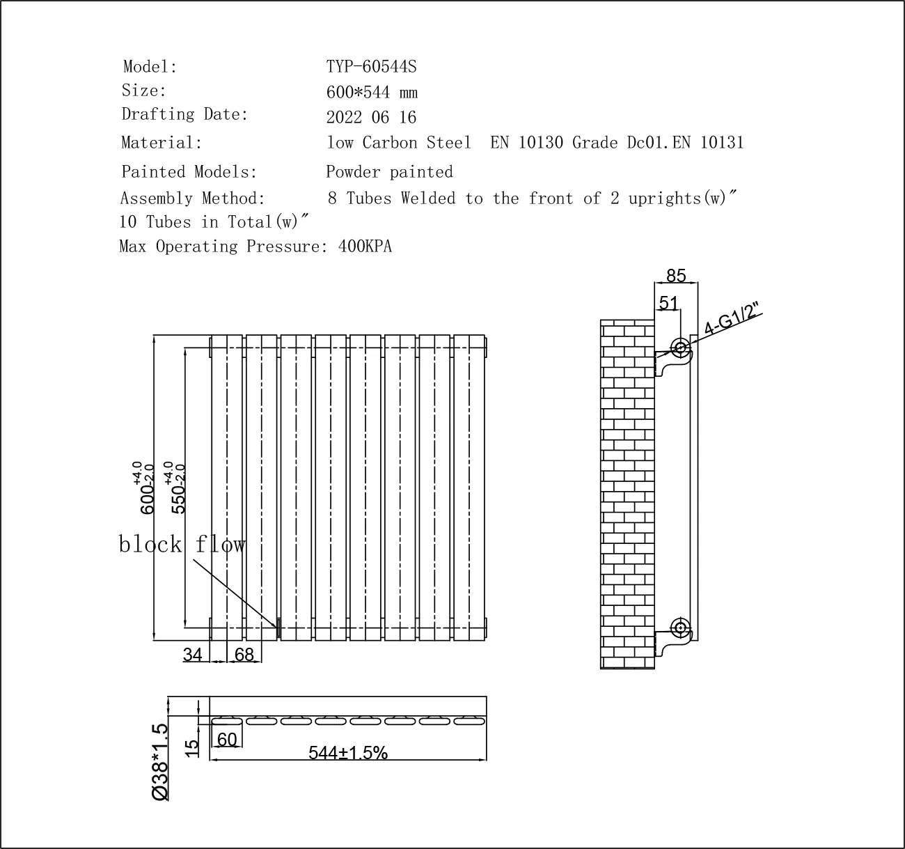 Typhoon - Anthracite Designer Radiator H600mm x W544mm Single Panel - Feet Included - Image 4