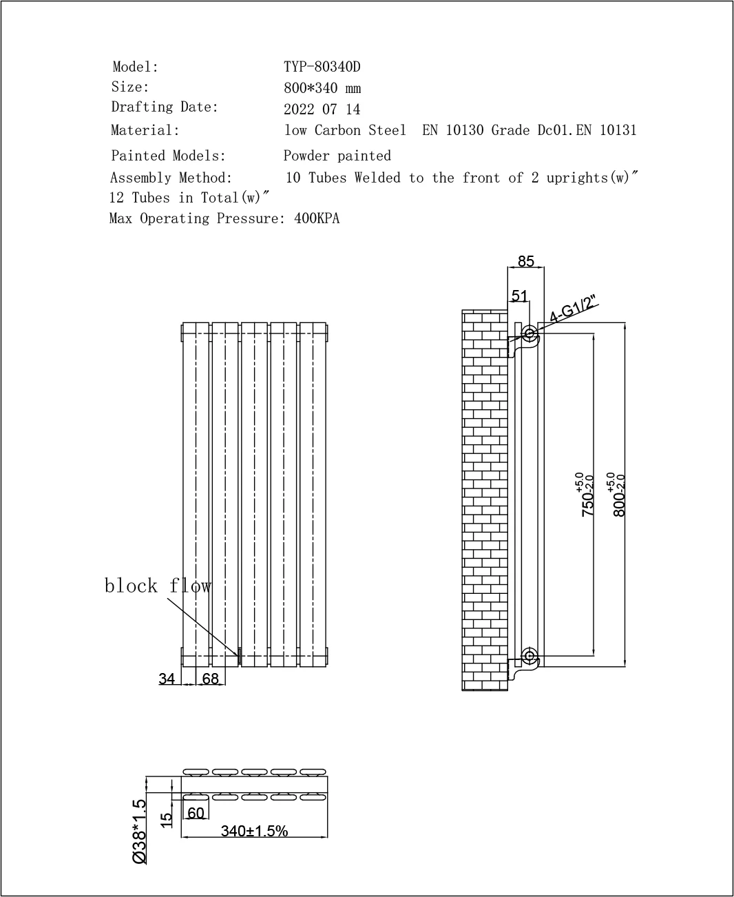 Typhoon - Anthracite Designer Radiator H800mm x W340mm Double Panel - Image 3