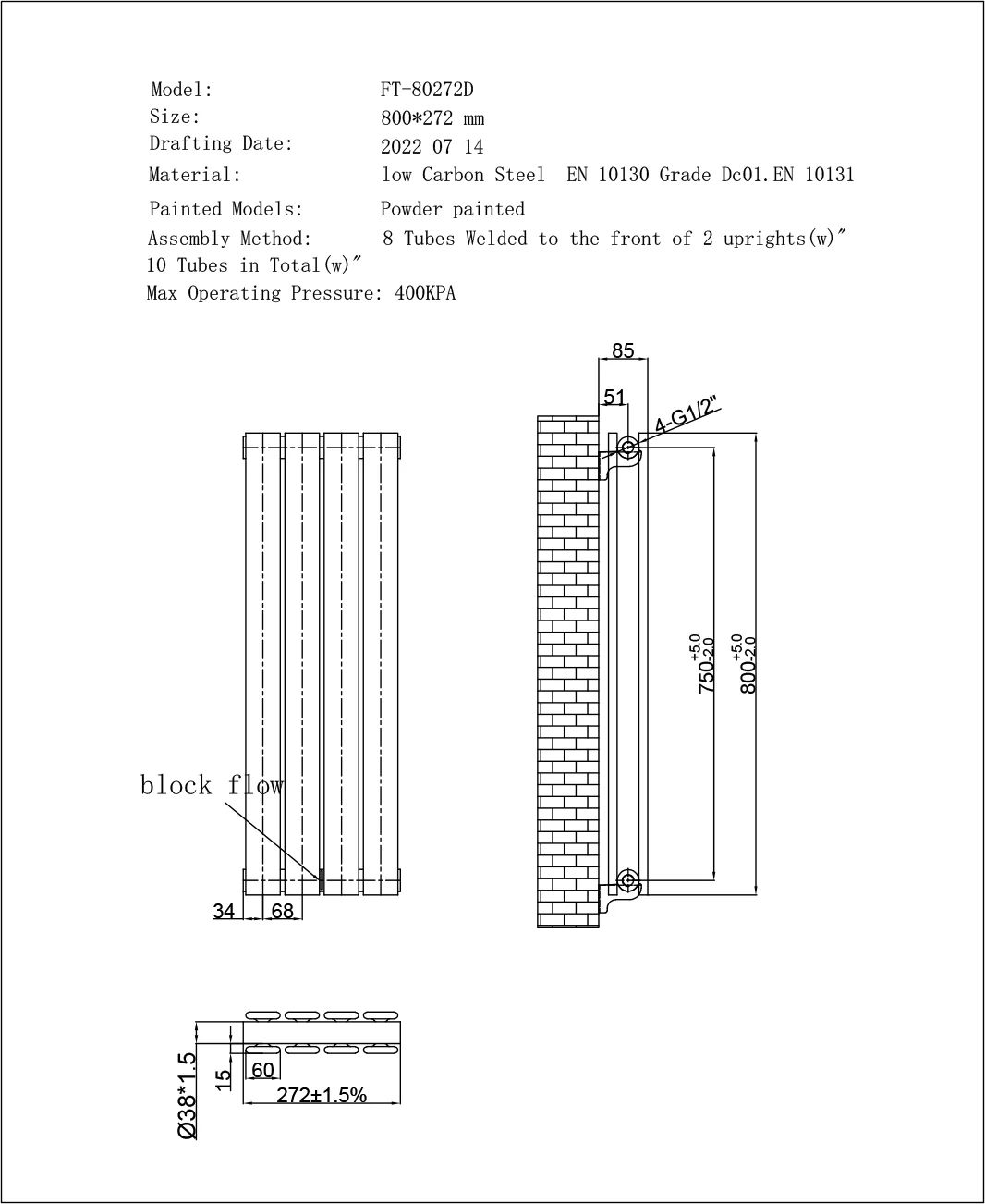 Typhoon Axis - Anthracite Horizontal Radiator H272mm x W800mm Double Panel - Image 3