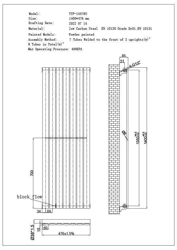 Typhoon Axis - Anthracite Horizontal Radiator H476mm x W1400mm Single Panel - Image 3