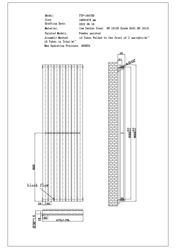Typhoon Axis - Anthracite Horizontal Radiator H476mm x W1600mm Double Panel - Image 3