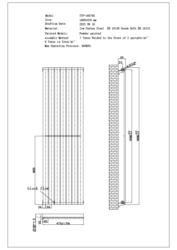 Typhoon Axis - Anthracite Horizontal Radiator H476mm x W1600mm Single Panel - Image 3
