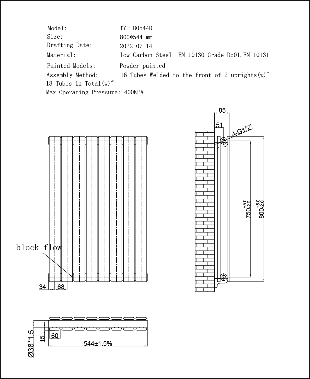 Typhoon Axis - Anthracite Horizontal Radiator H544mm x W800mm Double Panel - Image 3