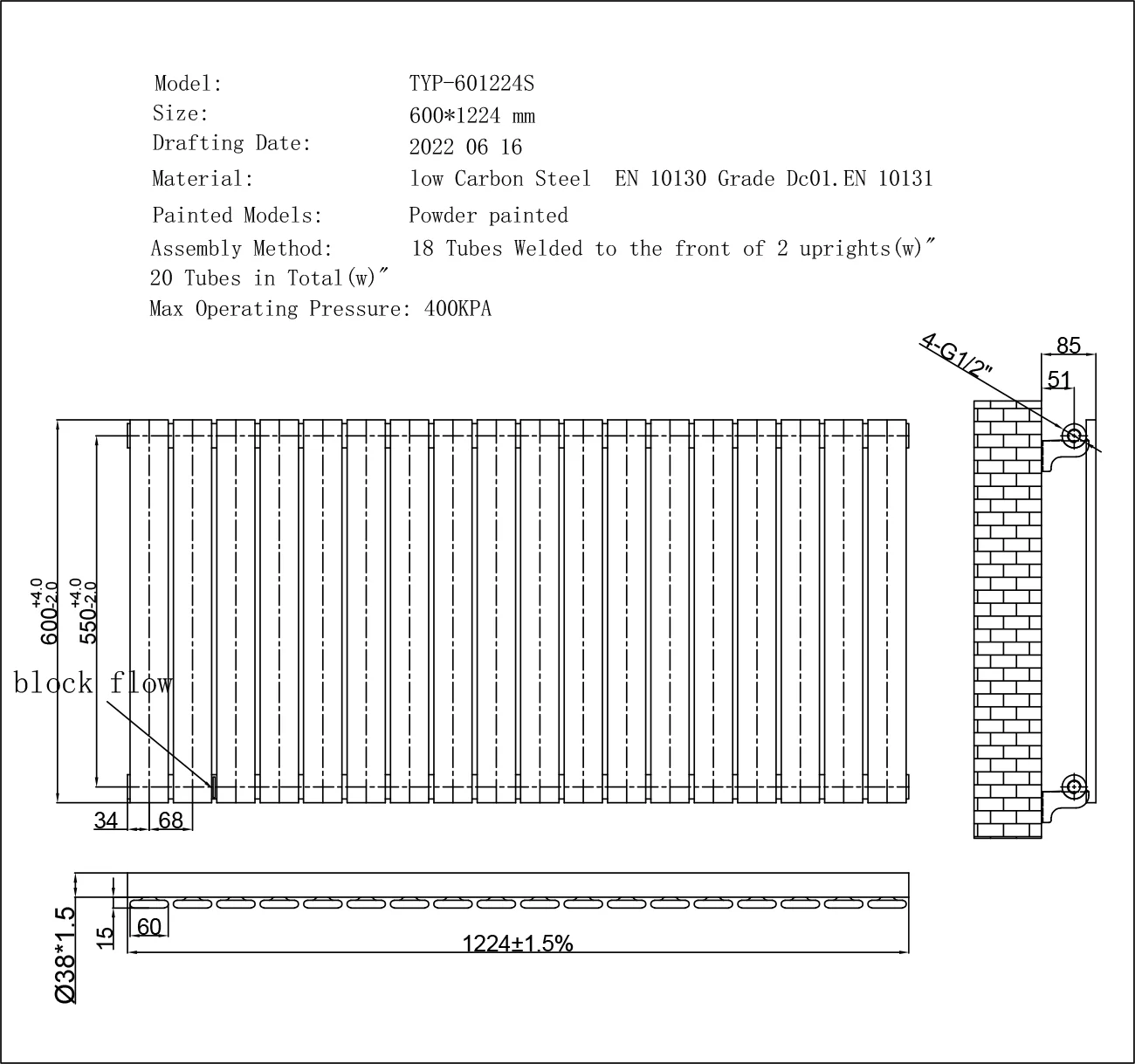 Typhoon - Anthracite Horizontal Radiator H600mm x W1224mm Single Panel - Image 3