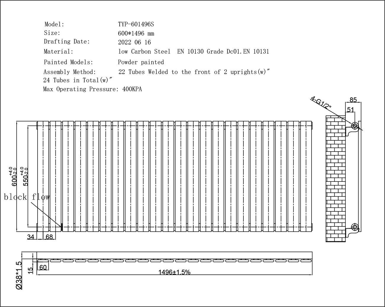 Typhoon - Anthracite Horizontal Radiator H600mm x W1496mm Single Panel - Image 3