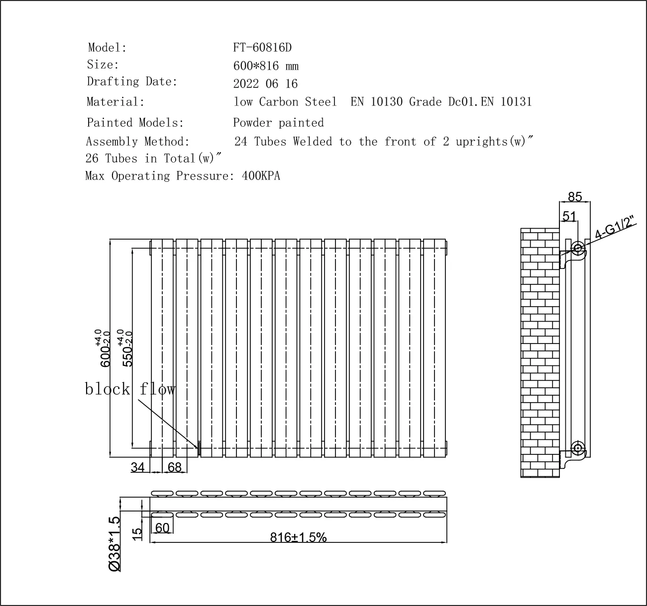 Typhoon - Anthracite Horizontal Radiator H600mm x W816mm Double Panel - Image 3
