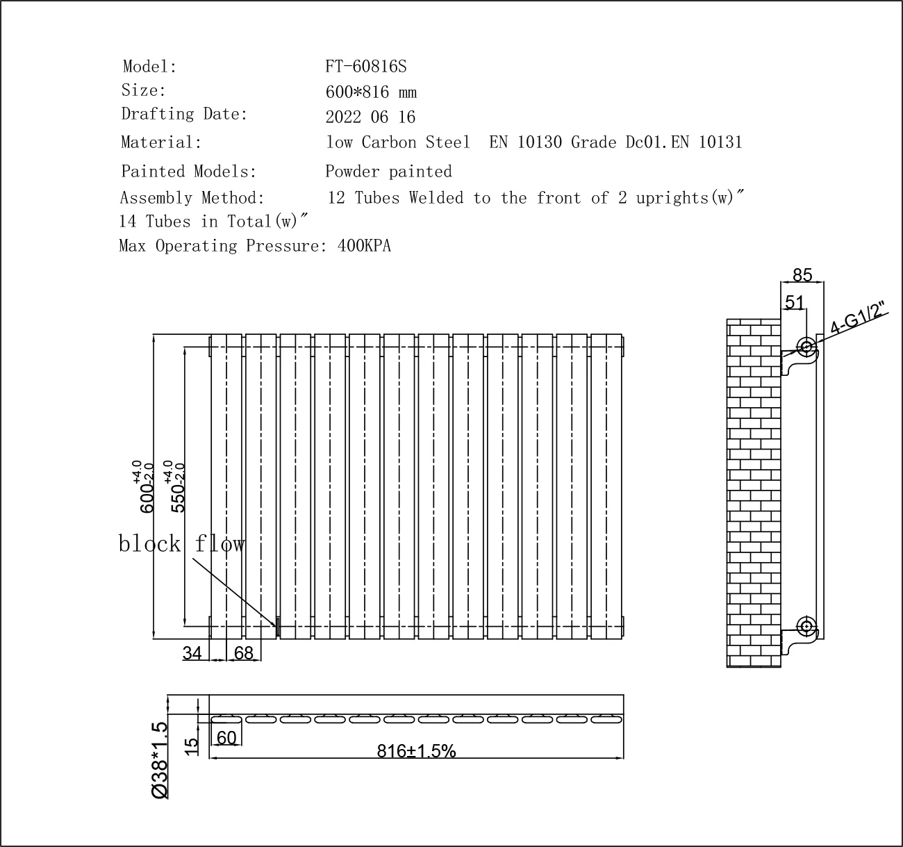Typhoon - Anthracite Horizontal Radiator H600mm x W816mm Single Panel - Image 3