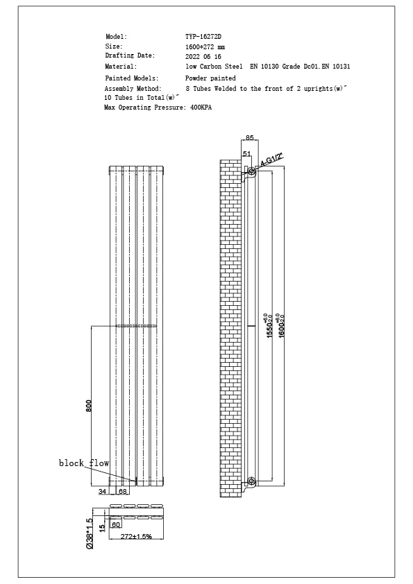 Typhoon - Anthracite Vertical Radiator H1600mm x W272mm Double Panel - Image 3