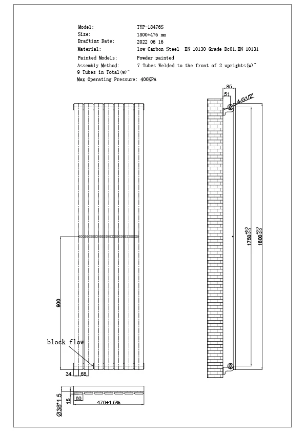 Typhoon - Anthracite Vertical Radiator H1800mm x W476mm Single Panel - Image 3