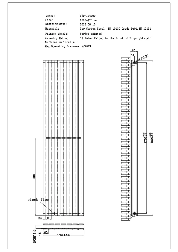 Typhoon - Black Designer Radiator H1800mm x W476mm Double Panel - Feet Included - Image 4