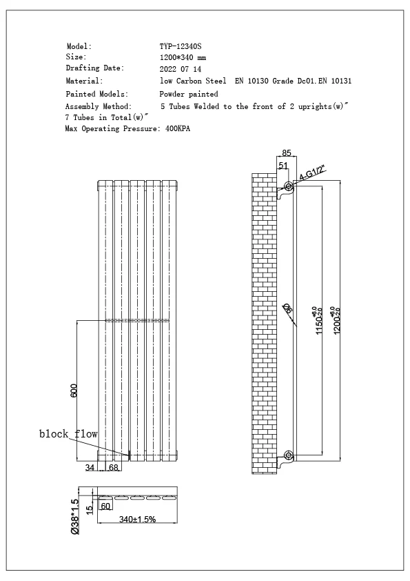Typhoon Axis - Black Horizontal Radiator H340mm x W1200mm Single Panel - Image 3