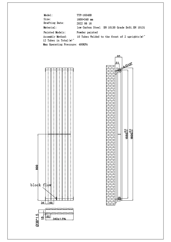 Typhoon Axis - Black Horizontal Radiator H340mm x W1600mm Double Panel - Image 3