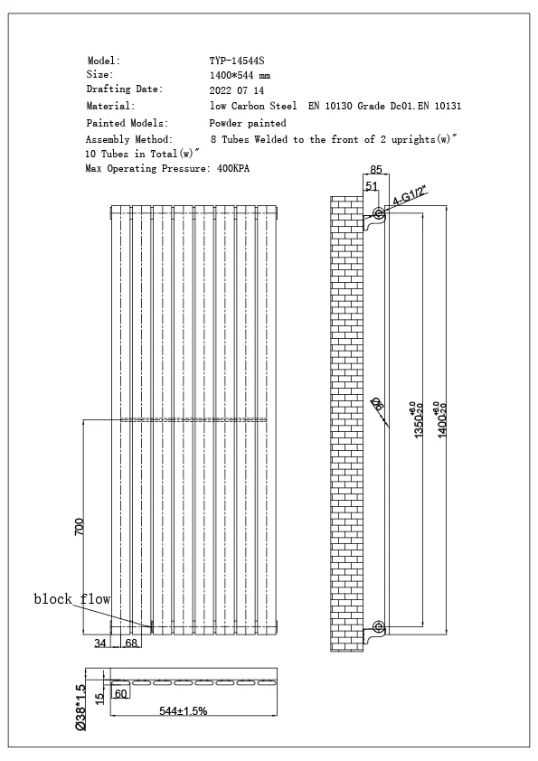 Typhoon Axis - Black Horizontal Radiator H544mm x W1400mm Single Panel - Image 3