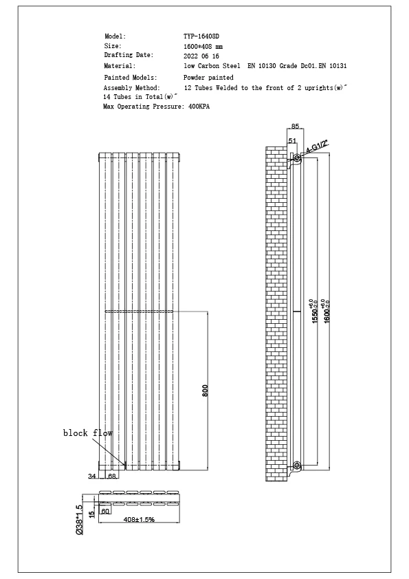 Typhoon - Black Vertical Radiator H1600mm x W408mm Double Panel - Image 3