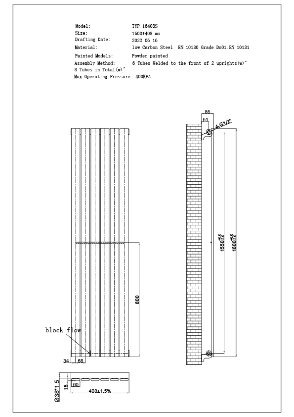 Typhoon - Black Vertical Radiator H1600mm x W408mm Single Panel - Image 3