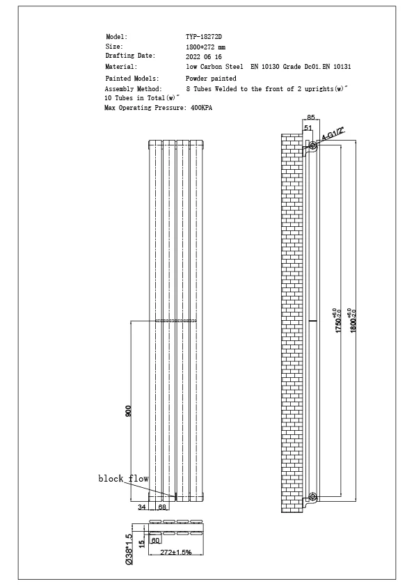 Typhoon - Black Vertical Radiator H1800mm x W272mm Double Panel - Image 3