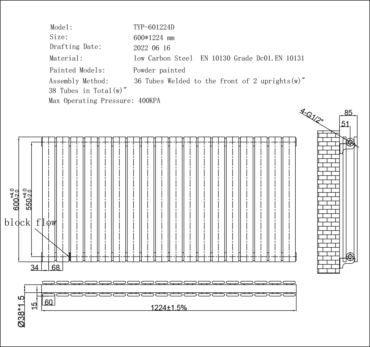 Typhoon - White Designer Radiator H600mm x W1224mm Double Panel - Feet Included - Image 4