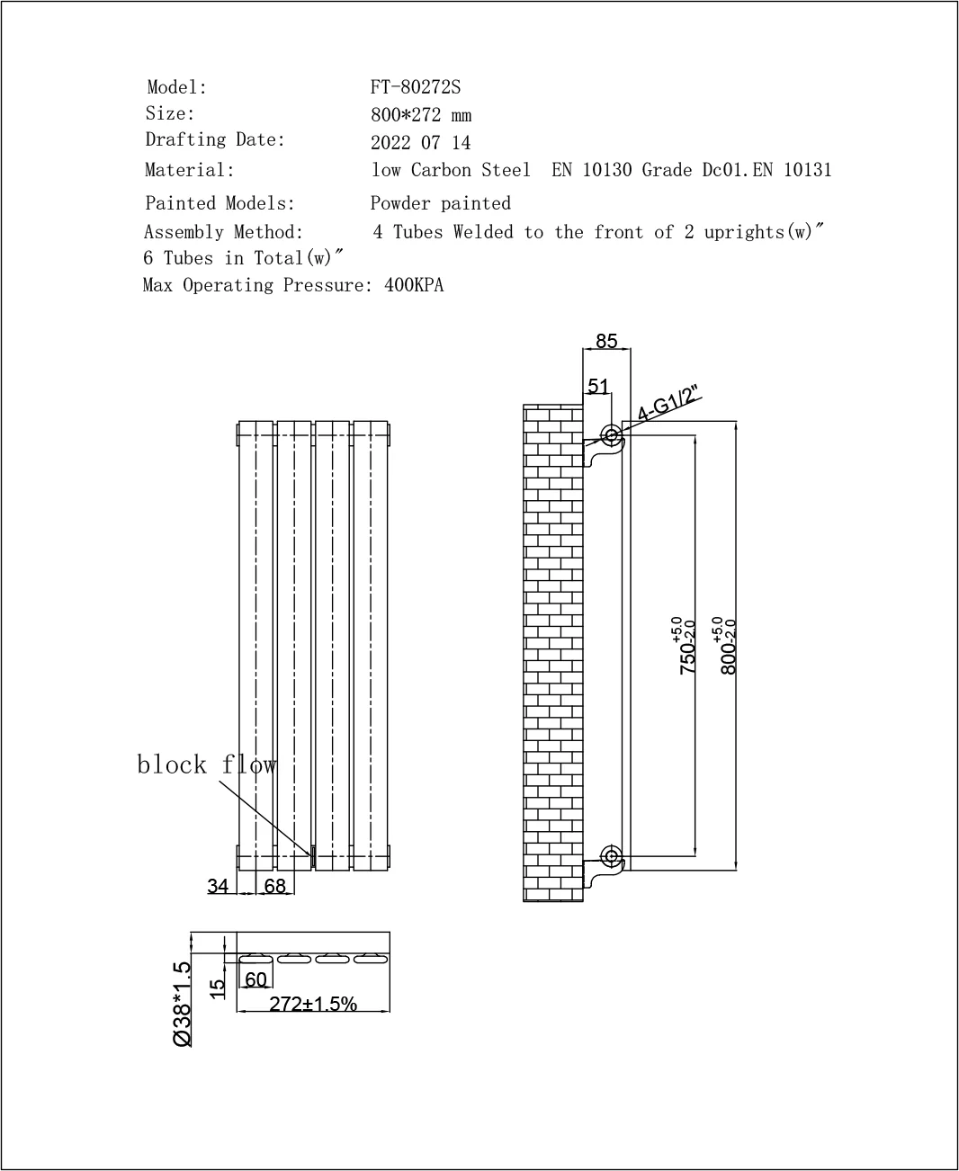Typhoon - White Designer Radiator H800mm x W272mm Single Panel - Image 3
