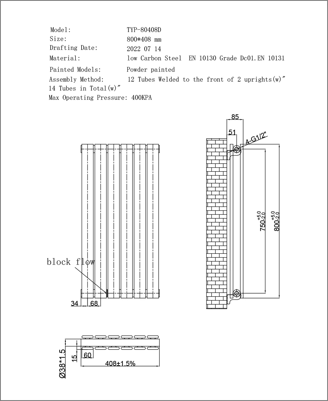 Typhoon Axis - White Horizontal Radiator H408mm x W800mm Double Panel - Image 3