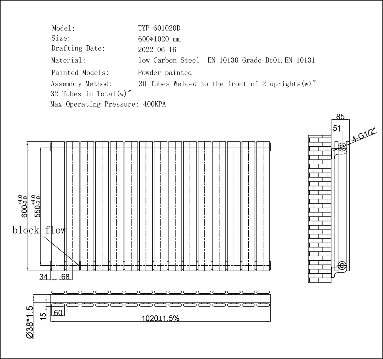 Typhoon - White Horizontal Radiator H600mm x W1020mm Double Panel - Image 3