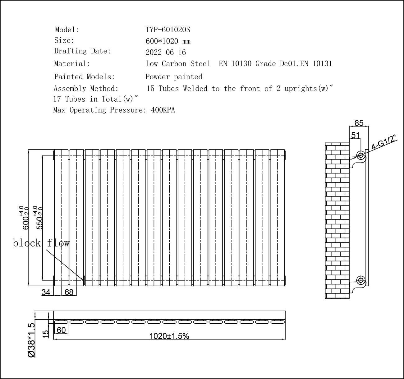 Typhoon - White Horizontal Radiator H600mm x W1020mm Single Panel - Image 3