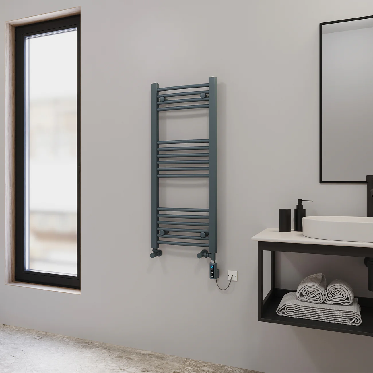 Zennor - Anthracite Dual Fuel Towel Rail H1000mm x W400mm Thermostatic WIFI - Curved - Image 2