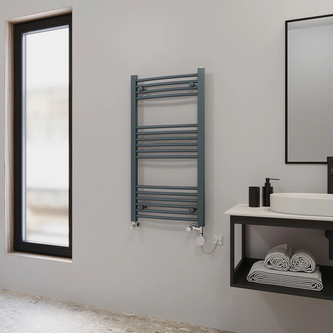 Zennor - Anthracite Dual Fuel Towel Rail H1000mm x W500mm Thermostatic - Curved - Image 2