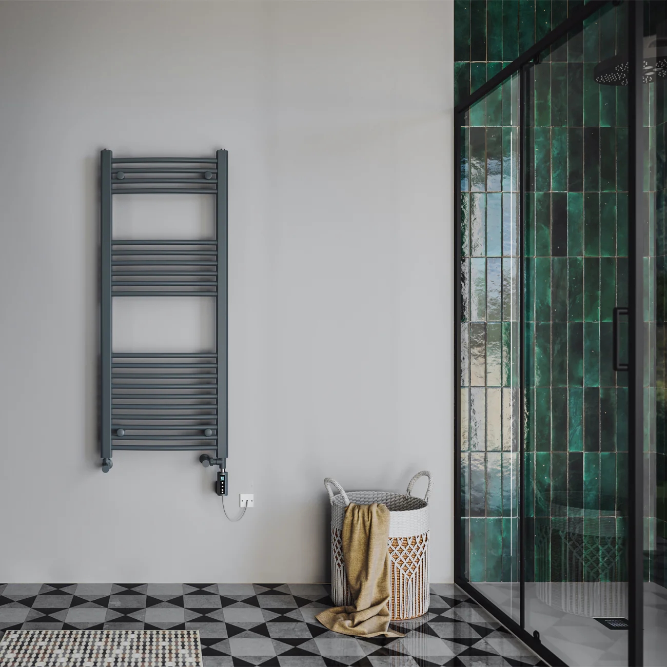 Zennor - Anthracite Dual Fuel Towel Rail H1200mm x W500mm Thermostatic WIFI - Curved - Image 2