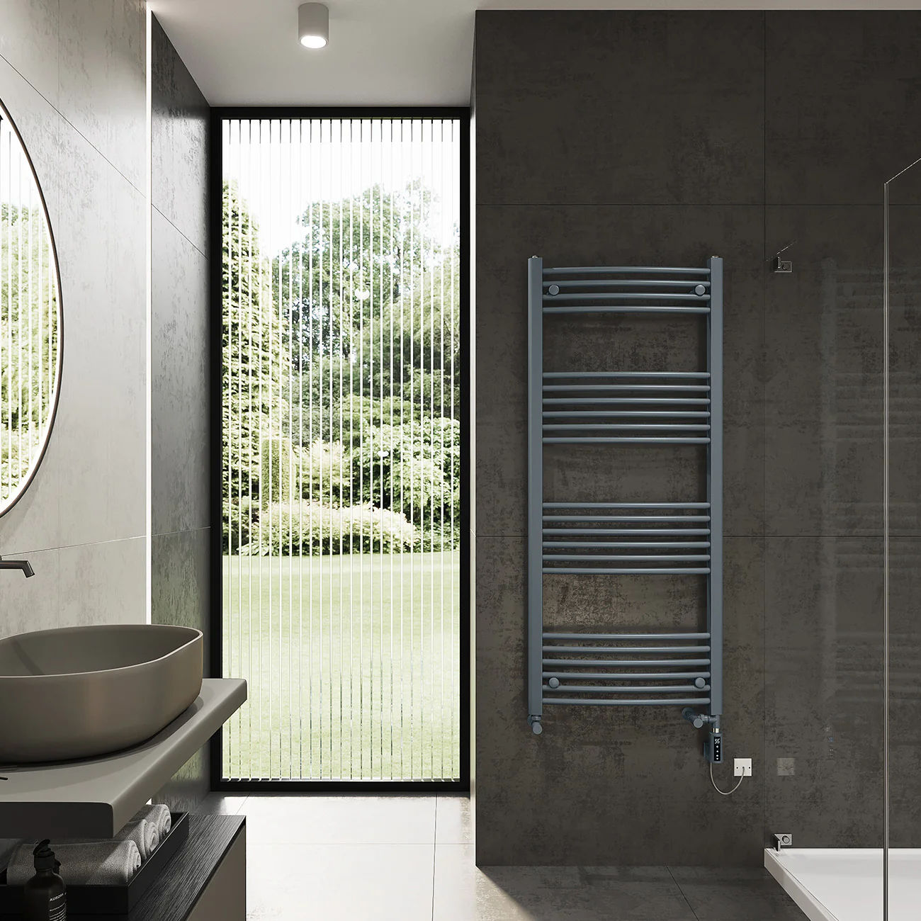 Zennor - Anthracite Dual Fuel Towel Rail H1400mm x W600mm Thermostatic WIFI - Curved - Image 2