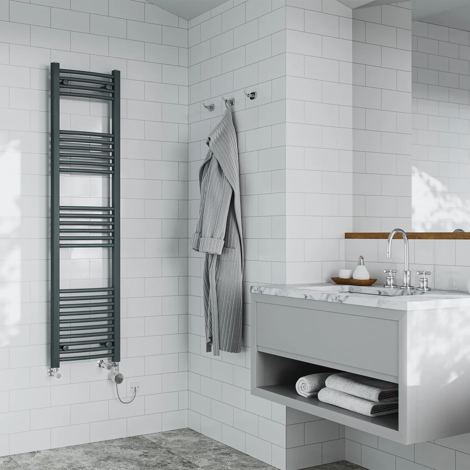 Zennor - Anthracite Dual Fuel Towel Rail H1600mm x W400mm Thermostatic - Curved - Image 2