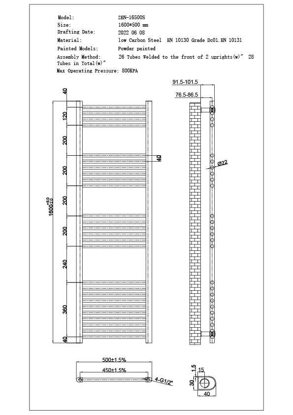 Zennor - Anthracite Dual Fuel Towel Rail H1600mm x W500mm Standard - Straight - Image 3
