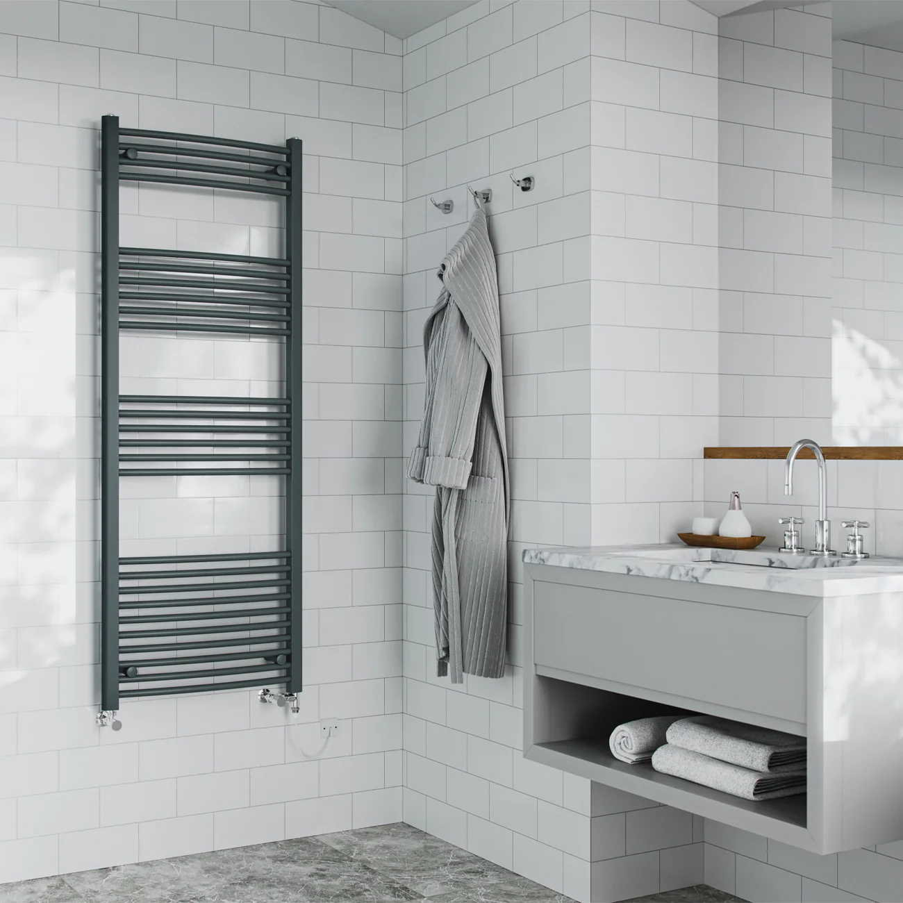 Zennor - Anthracite Dual Fuel Towel Rail H1600mm x W600mm Standard - Curved - Image 2