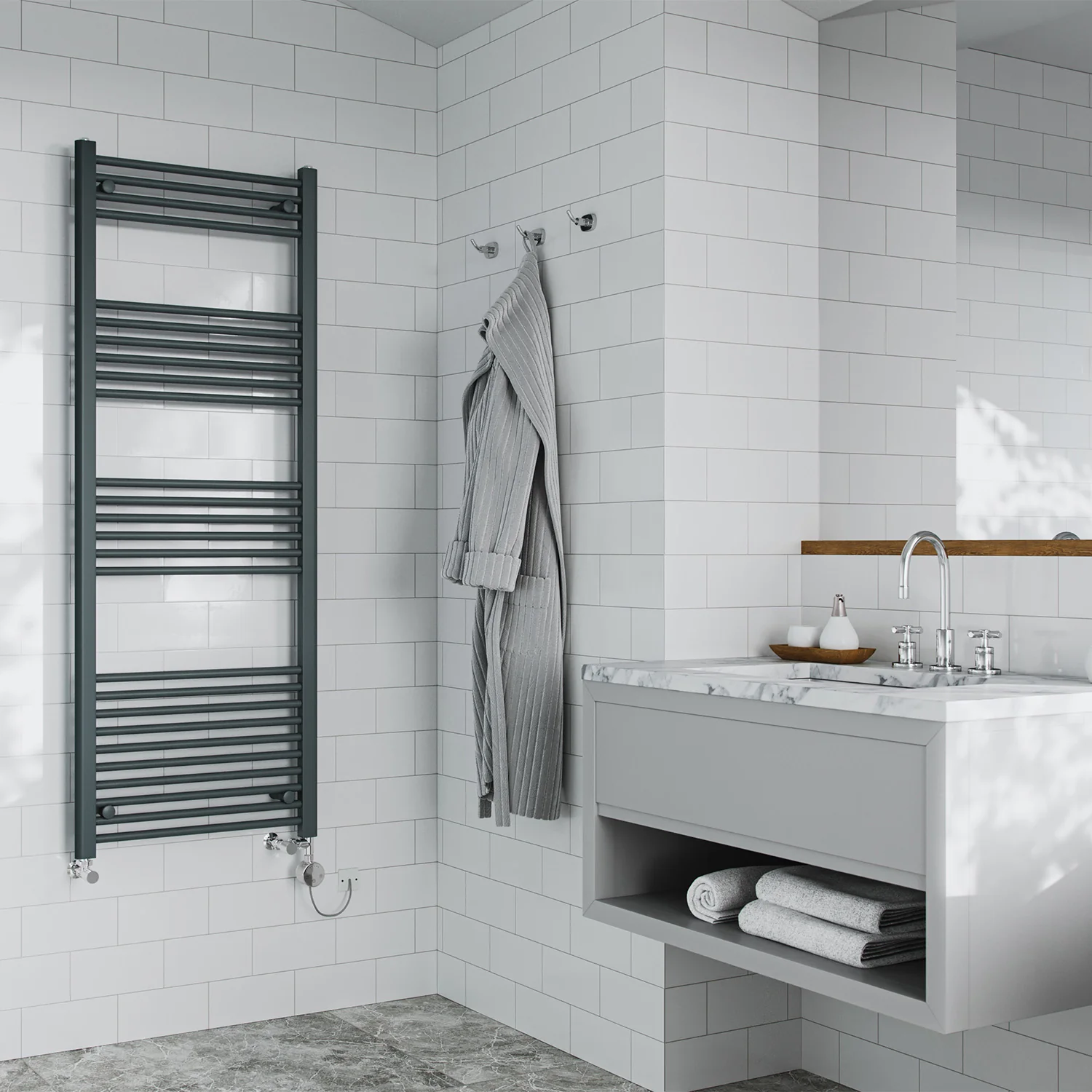 Zennor - Anthracite Dual Fuel Towel Rail H1600mm x W600mm Thermostatic - Straight - Image 2