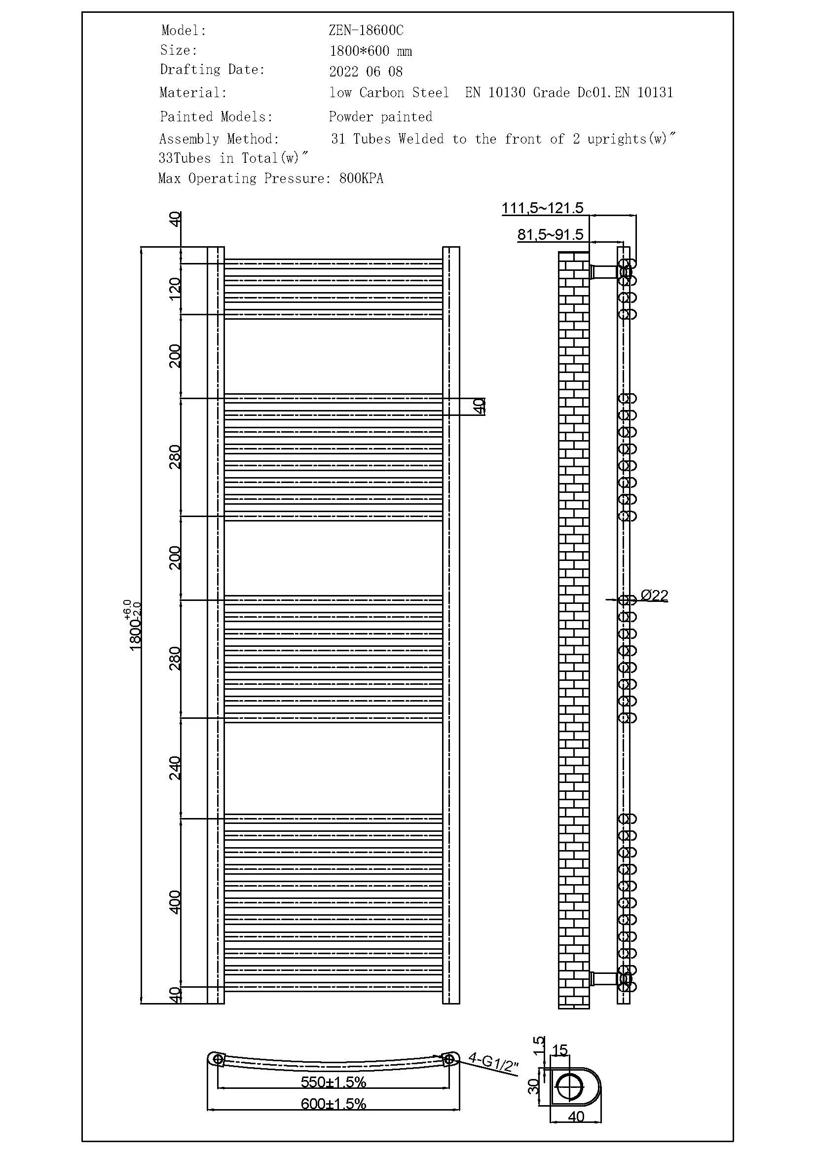Zennor - Anthracite Dual Fuel Towel Rail H1800mm x W600mm Thermostatic - Curved - Image 3