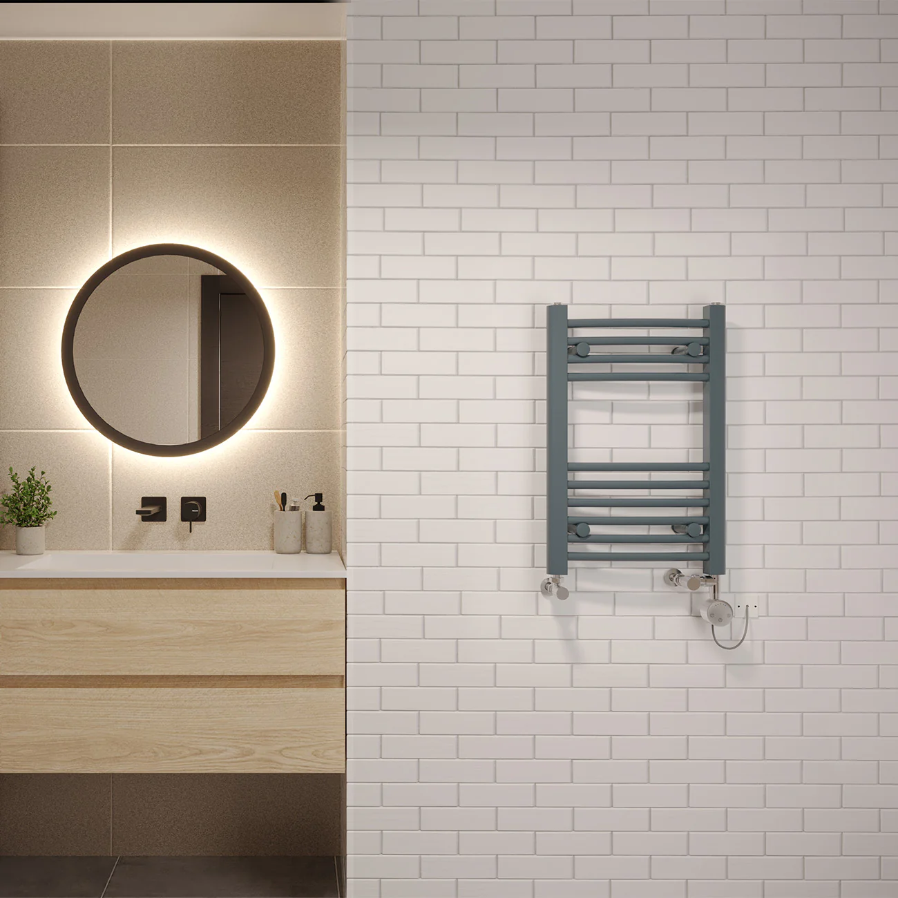 Zennor - Anthracite Dual Fuel Towel Rail H600mm x W400mm Thermostatic - Curved - Image 2