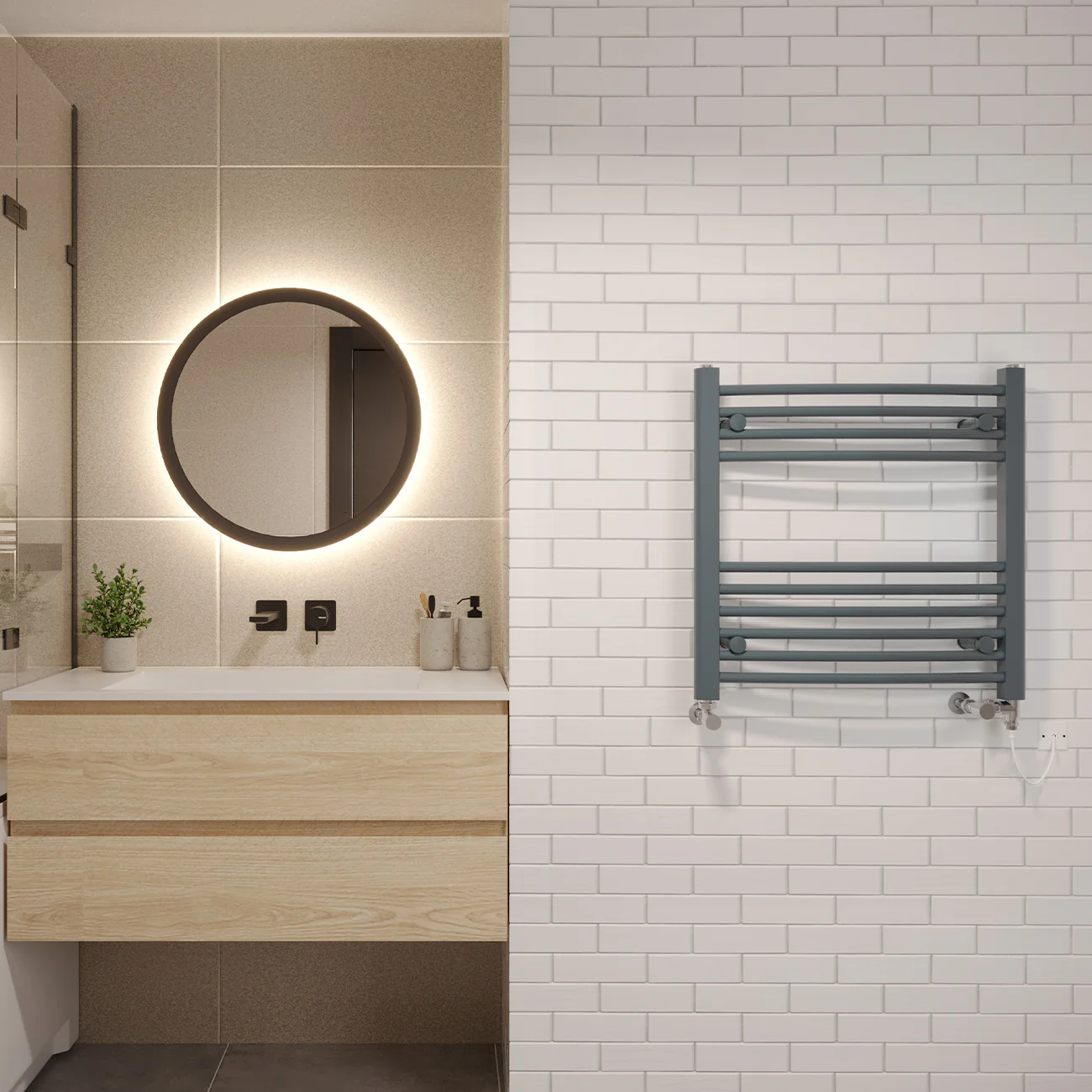 Zennor - Anthracite Dual Fuel Towel Rail H600mm x W600mm Standard - Curved - Image 2