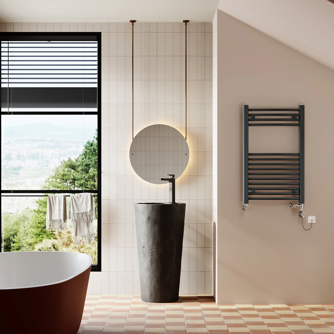 Zennor - Anthracite Dual Fuel Towel Rail H800mm x W500mm Thermostatic - Curved - Image 2