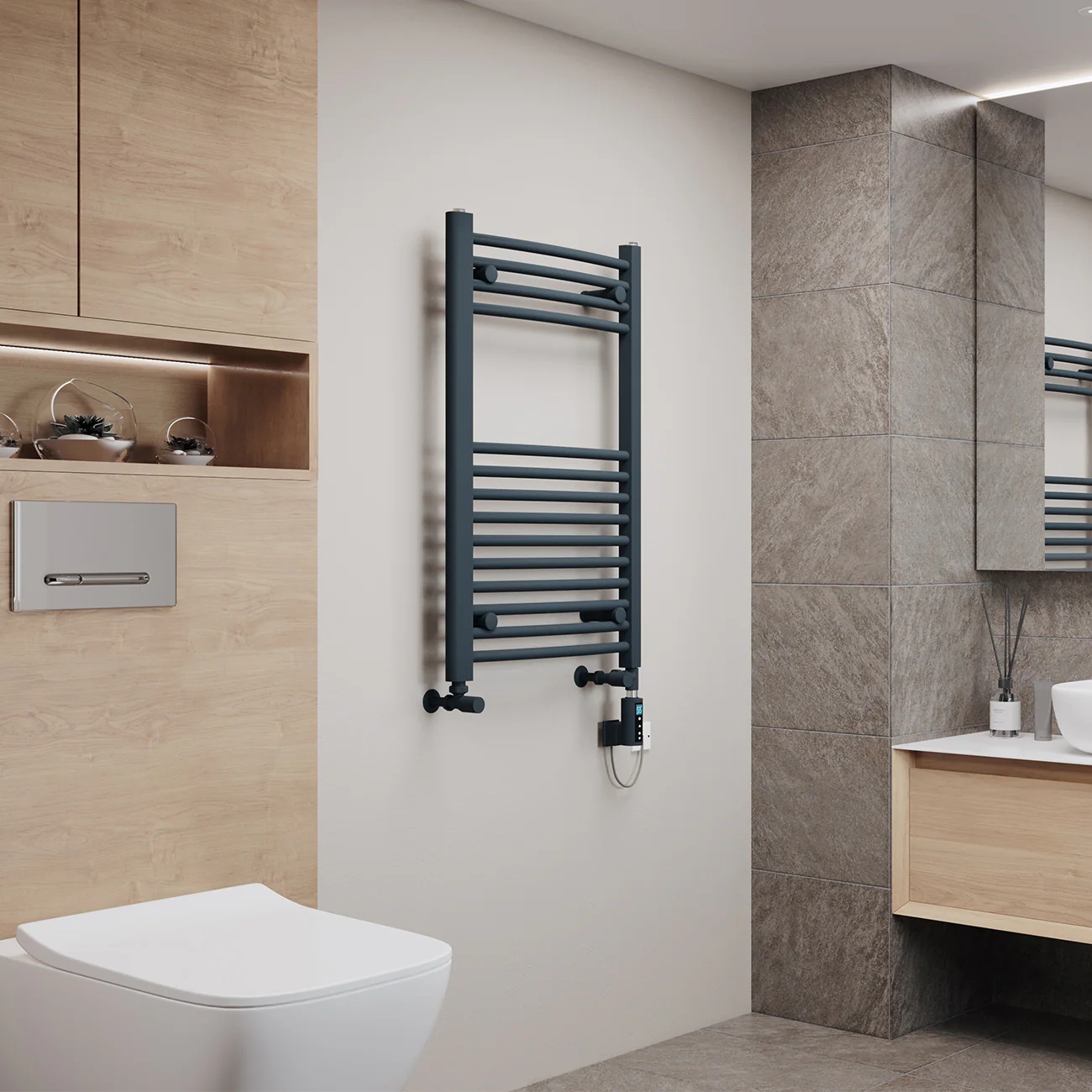 Zennor - Anthracite Dual Fuel Towel Rail H800mm x W500mm Thermostatic WIFI - Curved - Image 2