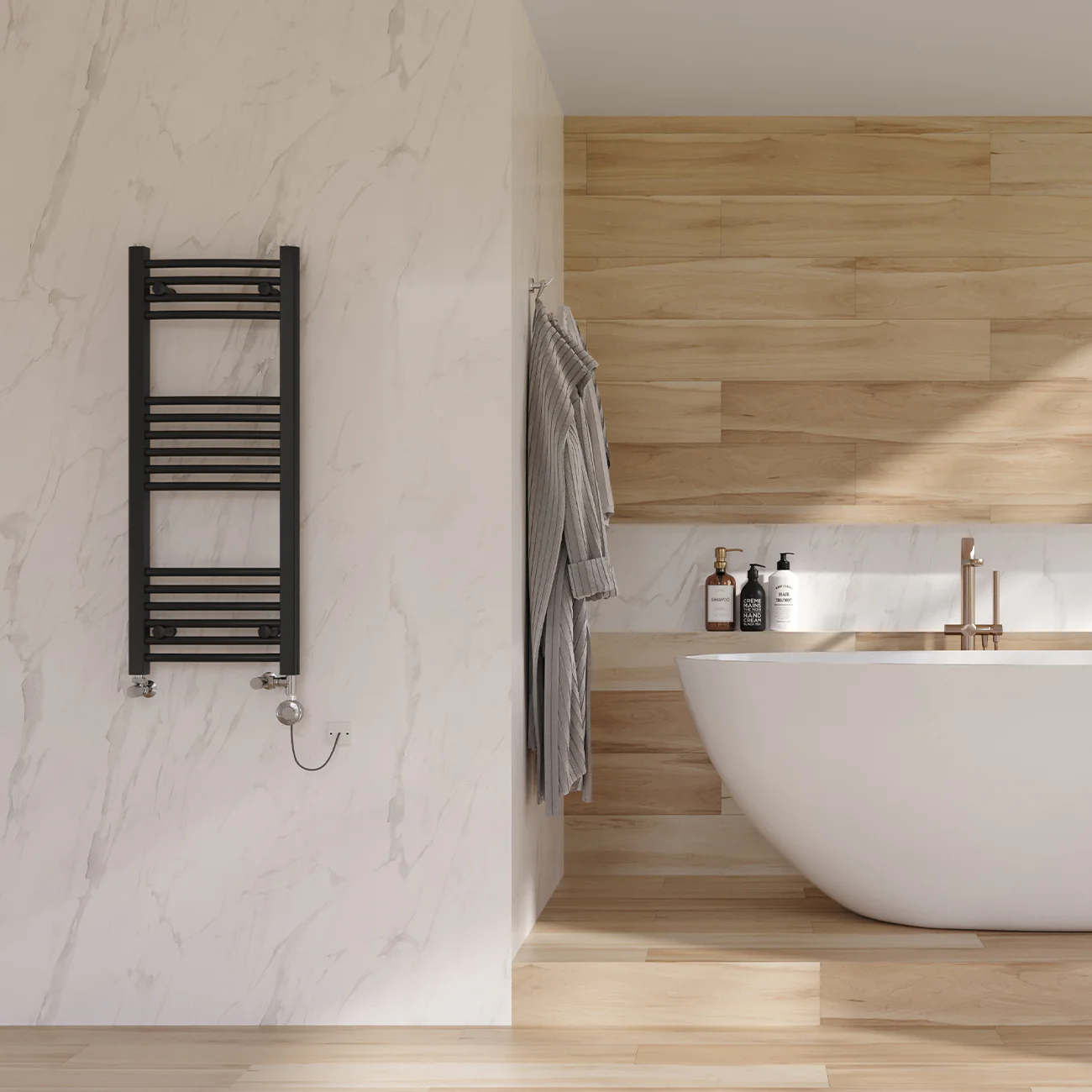 Zennor - Black Dual Fuel Towel Rail H1000mm x W400mm Thermostatic - Curved - Image 2