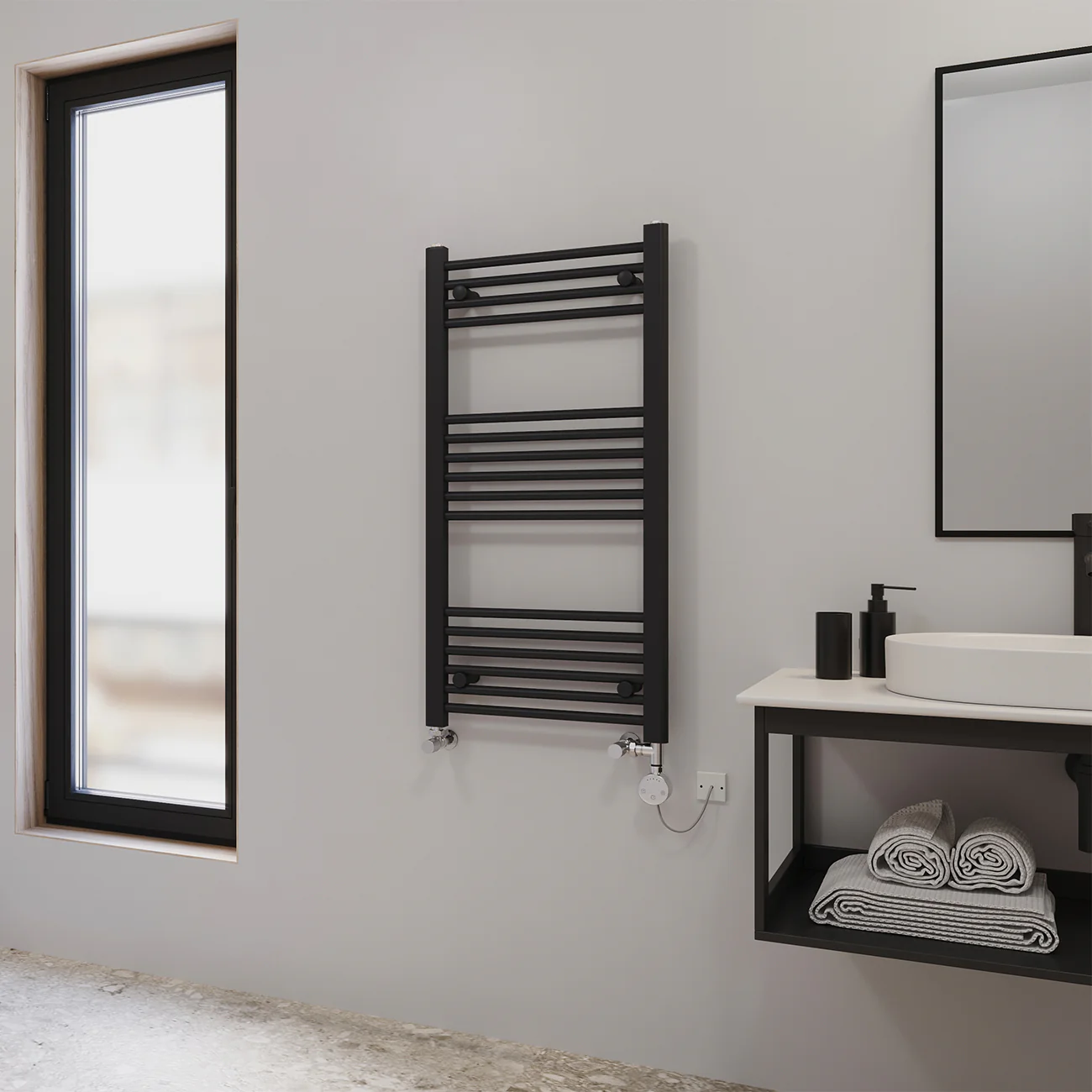 Zennor - Black Dual Fuel Towel Rail H1000mm x W500mm Thermostatic - Straight - Image 2