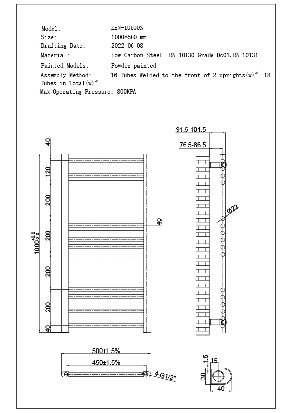Zennor - Black Dual Fuel Towel Rail H1000mm x W500mm Thermostatic WIFI - Straight - Image 3